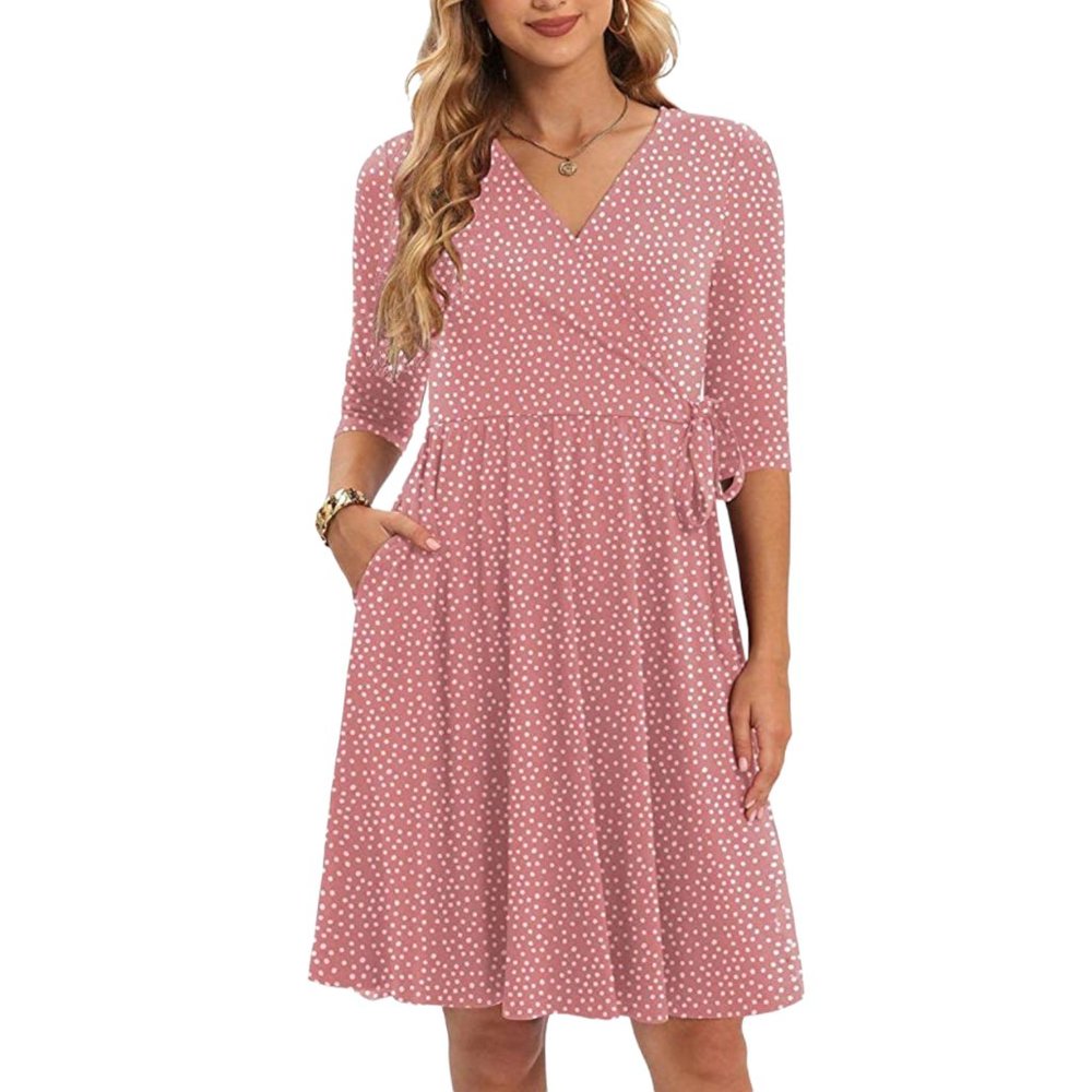 CHARMYI Women's V-Neck Mid Length Pink Polka Dot Dress Size L
